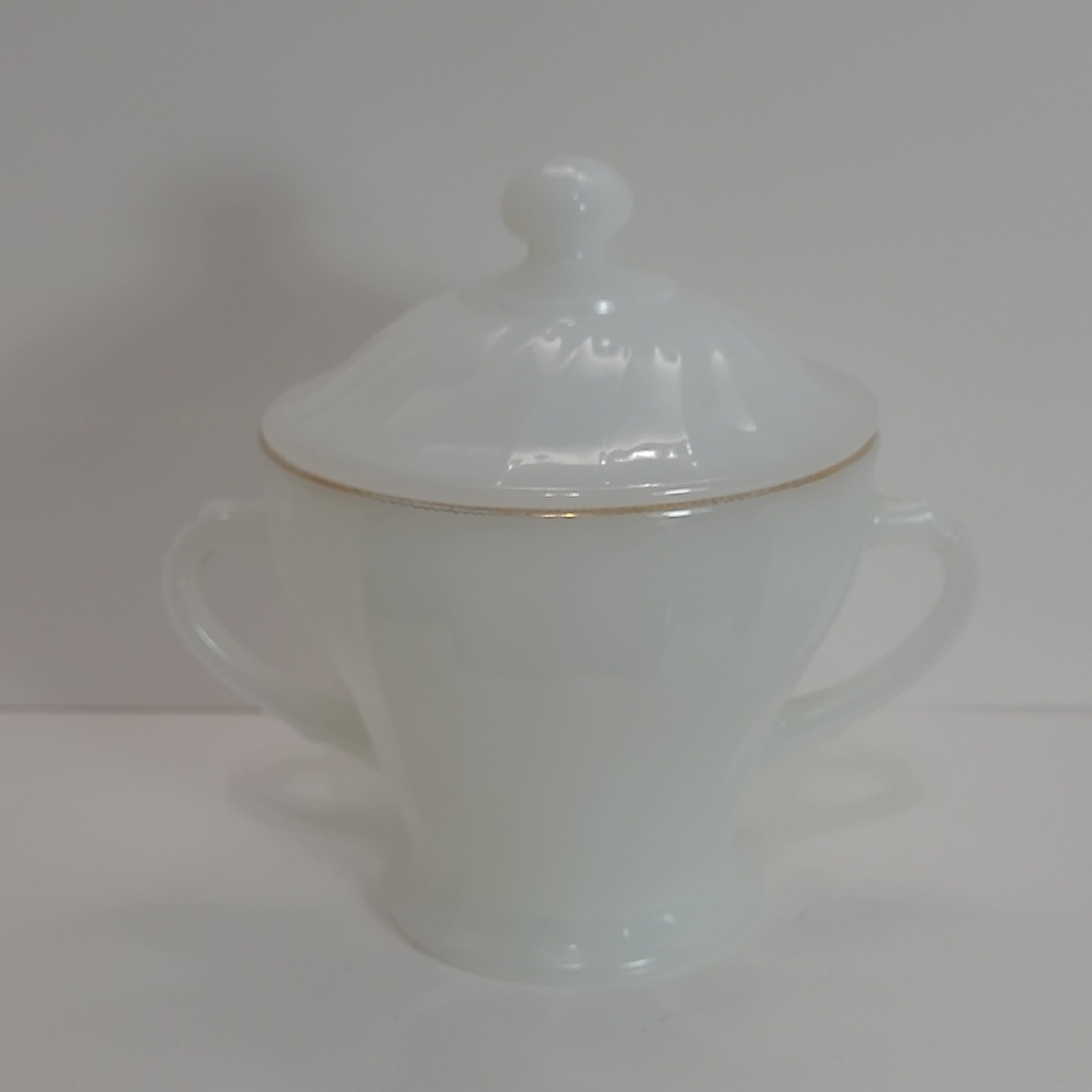 Anchor Hocking Fire King Swirl Milk Glass Gold Rim Sugar Bowl & Creamer Set